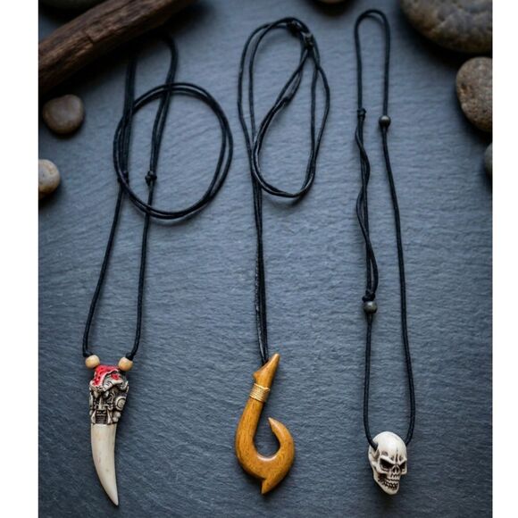 Other - 3 Wooden Fish Hook Skull Tooth Pendant Necklaces Set Mens Tribal Hawaiian Surfer